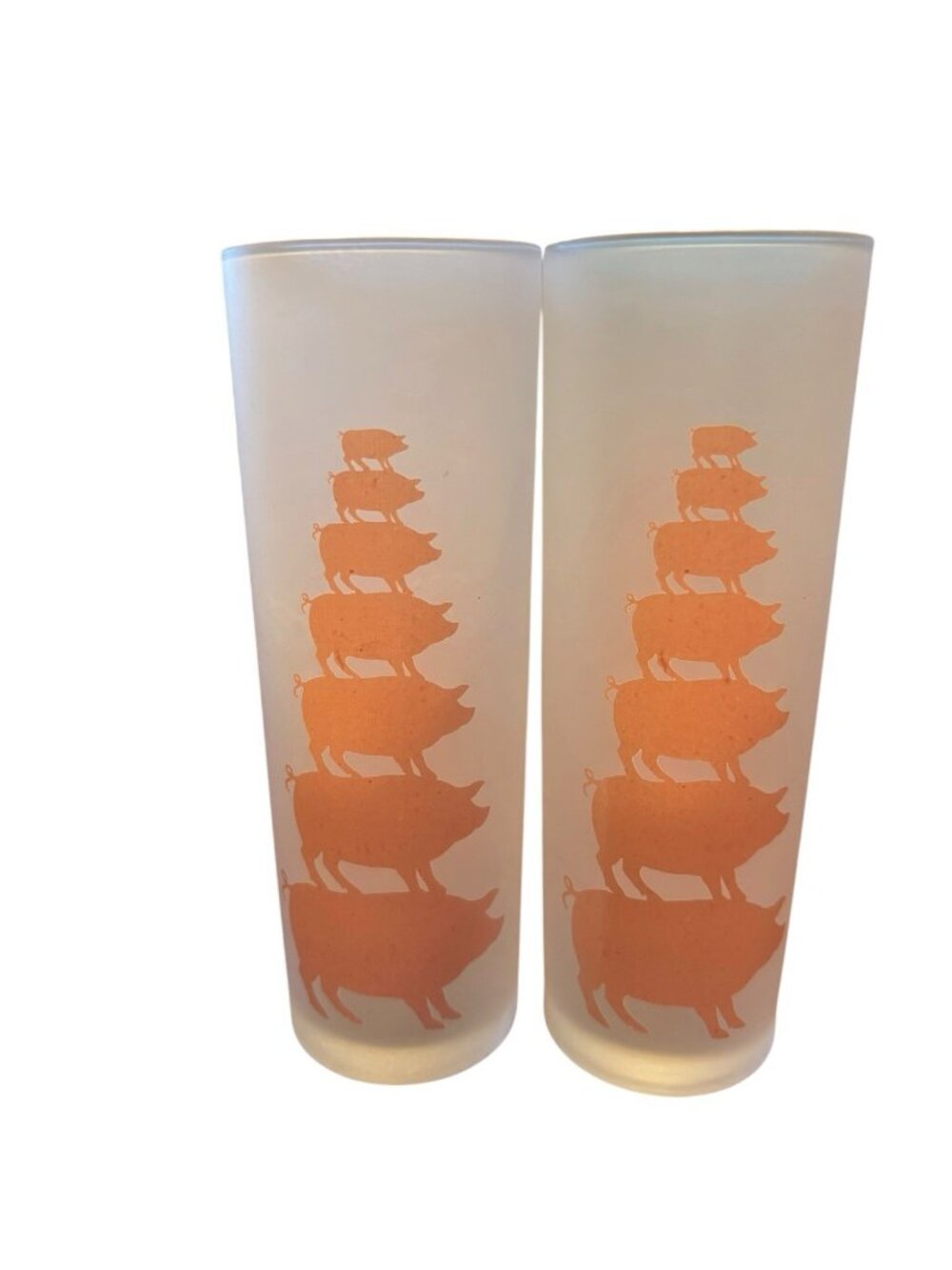 Vtg Libbey Highball Glass With Pink Stacked Pigs MCM Barware Frosted Excellent!!